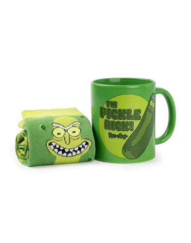 Image of Rick and Morty Mens Mug and Sock Set | Adults Green Pickle Rick Character Graphic Print Calf Socks & Ceramic Mug | Rick Sanchez 'I'm Pickle Rick!' Hot Drinks Mug | Animated TV Series Merchandise Gift