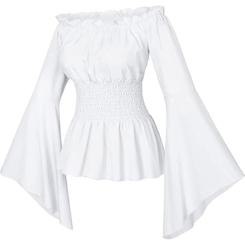 Image of Gefomuofe Pirate Costume Women's Pirate Dress Off Shoulder Dress Women's Ruffle Dress Slash Neck Pirate Shirt Puff Sleeves Skater Dress Off Shoulder Dresses Short A Line Tunic Swing Pirate Costume