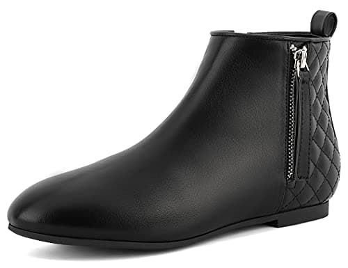 Image of MaxMuxun Women Shoes Casual Classic Zip Up Plaid Ankle Boots Black PU Flat Round Toe Walking Boots Work Bootie 7 UK