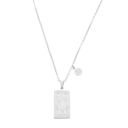 Image of sourcing map Tarot Zodiac Sign Necklace, Titanium Steel Tarot Card Necklace for Women Men, Silver