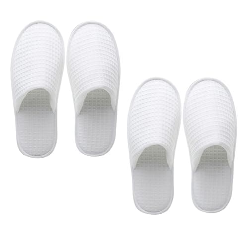 Image of 2 Pairs Hotel Slippers, Waffle Closed Toe Disposable Spa Slippers, White Flat House Slippers for Guests, Party and Travel
