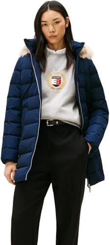 Image of Tommy Hilfiger Women's Slim Down Coat with Faux Fur Trim, Blue (Dark Night Navy), M