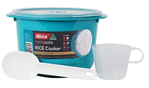 Image of Décor Microwave Rice Cooker Makes 1-4 cups each time comes with measuring cup and rice paddle. Stay cool handles and steam release vent. Dishwasher and freezer safe. BPA Free 2.75L Capacity, Teal