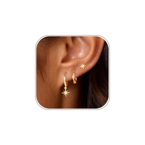 Image of Tasiso 3 Pairs Gold Earrings Set for Women, 14K Real Gold Plated, Dainty Cubic Zirconia Star & Rope Hoop Earrings Set, Hypoallergenic & Tarnish Resistant Multiple Piercing Jewellery Gift Box