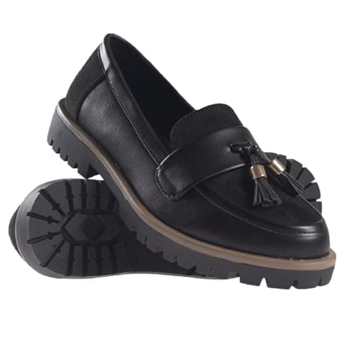 Image of A2Z Womens Tassel Patent Loafer Shoes Chunky Heel Party Formal Dress Slip On - Loafer PV30 Black 7 UK