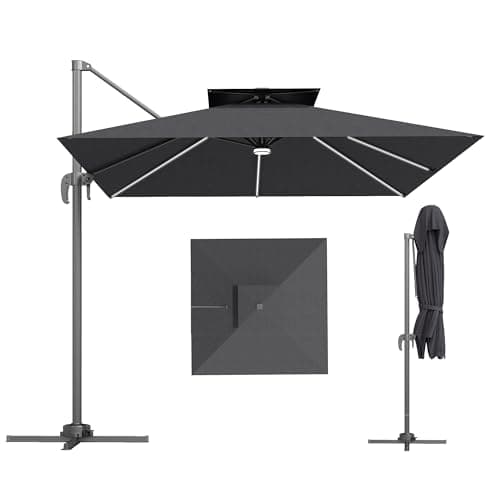 Image of Outsunny 2.5m Cantilever Parasol with Solar Powered LED Lights, Double Top Square Overhanging Garden Parasol with 360° Rotation, Tilt Adjustment, Crank Handle, Dark Grey