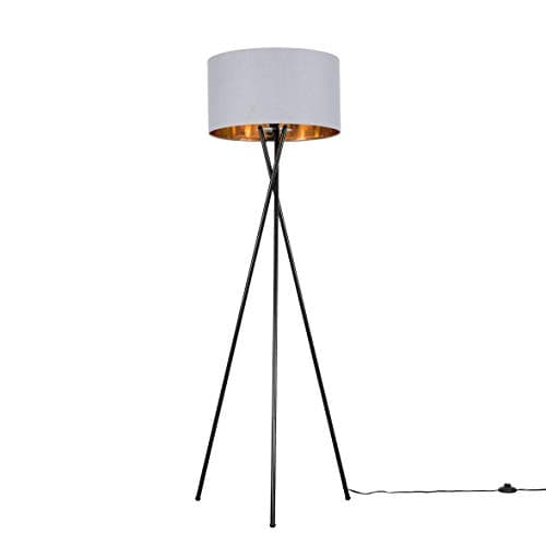 Image of Modern Gloss Black Metal Tripod Floor Lamp with a Grey & Gold Cylinder Shade - Complete with a 6w LED Bulb [3000K Warm White]