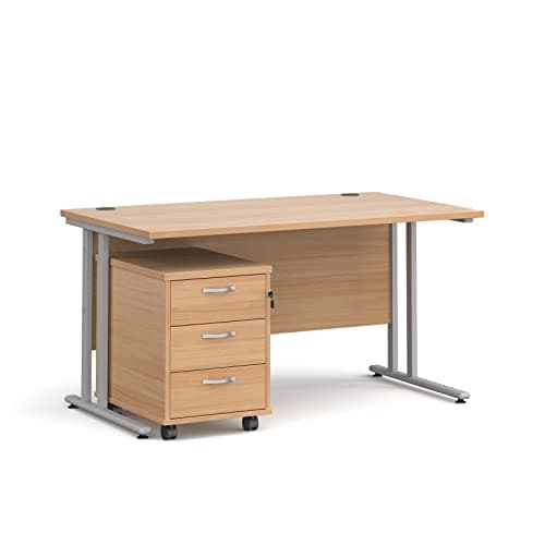 Image of Mr Office Maestro 25 straight desk - with silver cantilever frame and 3 drawer pedestal, Beech, 1400