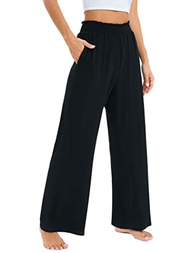 Image of Famulily Womens Casual Elasticated Waist Stretch Summer Wide Leg Work Office Trousers Palazzo Lounge Pants with Pockets Black M