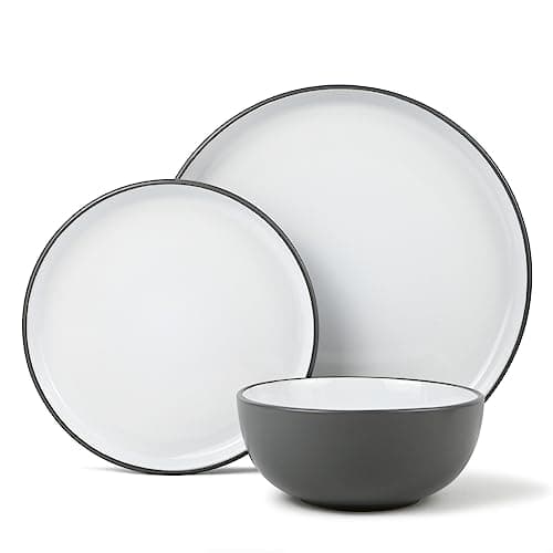 Image of Lewis's 12 Piece Stoneware Dinner Set - 2 Tone/Stonewear Dinner Sets / 4X Dinner Plates, 4X Side Plates, 4X Cereal Bowls/Microwave/Dishwasher Safe (Grey)