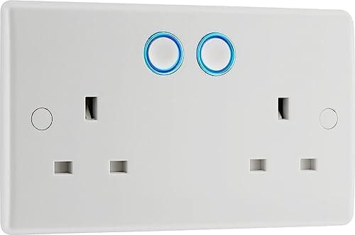 Image of BG Electrical Double Switched Power Wall Plug Socket with Smart Home Control, Touch, Voice or App Control, Timer Function, Security Options, Round Edge, Nexus 800 Series, White Moulded, 13A, 822/HC