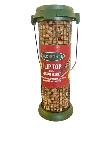 Image of Oakdale Flip Top Peanut Bird Feeder | Hanging Wild Bird Feeder | Includes Premium Peanuts | Easy Flip Lid Refill | Attracts Woodpeckers and Nuthatches | Garden UK