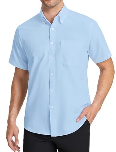 Image of HISDERN Men's Shirt Short Sleeve Oxford Light Blue Formal Shirt for Men Summer Solid Regular Fit Button Down with Pocket, L