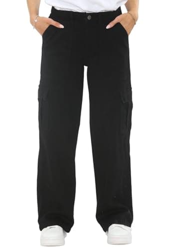 Image of MYT Womens Wide Leg Jeans Ladies Baggy Loose Cargo Pocket High Waisted Stretch Denim Pants Black 12 Regular