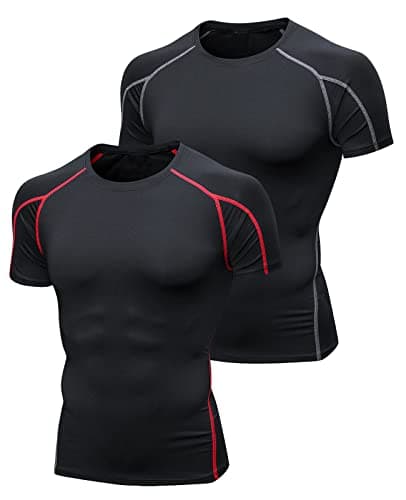 Image of Niksa 2 Pack Mens Base Layers Compression Tops, Short Sleeve Gym Running Top Workout T Shirts for Men (L,Black Gray&Black Red)
