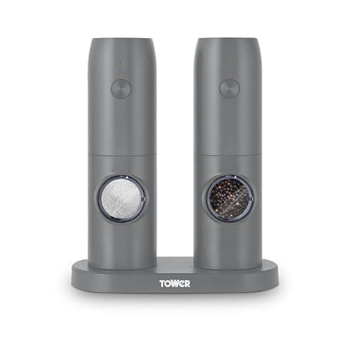 Image of Tower Electric Salt & Pepper Mills. Rechargeable with Adjustable Ceramic Grinders, Stainless Steel, Grey, T832243GRY