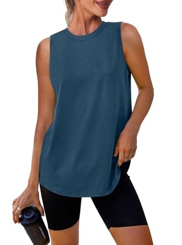 Image of XIEERDUO Workout Vest Tops for Women Sleeveless High Neck Athletic Muscle Shirt Sports Tops Breathable Quick Dry Running Tennis Yoga Gym Training Soft Stretchy Active Wear A-NavyBlue Size 14-16