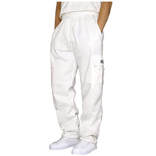 Image of Halfword Mens Loose Fleece Cargo Trousers Casual Gym Jogging Bottoms Lightweight Joggers Sweatpants White M