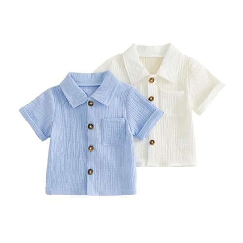 Image of XIXIMAON Toddler Boy Polo Shirt 2Pcs Set Solid Color Short Sleeve Lapel V Neck Button Up Tshirt Baby Summer Clothes Soft Cotton Linen Tops Basic Tee (Blue and White, 12-18 Months)