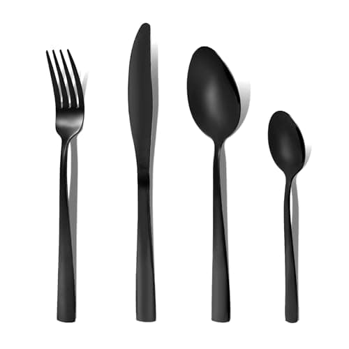Image of Cutlery Set Black 32 Piece Otto Koning Black Cutlery Sets for 8, Stainless Steel Knife and Fork Set with Spoons, Modern Design, Dishwasher Safe, Mirror Polish Finish, Elegant Silverware