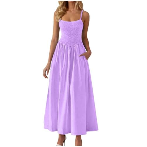 Image of Zeiayuas Shirred Dress for Women UK Sale Clearance Square Neck Strappy Summer Dresses Elegant Spaghetti Strap Plain Maxi Dress Bohemian Beach Holiday Vacation Flowy Long Dresses with Pockets Purple