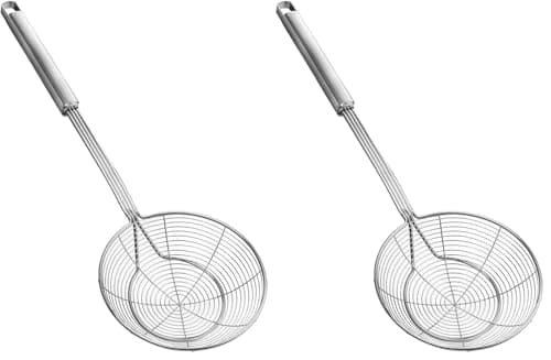 Image of Strainer Skimmer Spider Ladle Stainless Steel, Kitchen Wire Net Spoon with Handle for Frying Scooping Food, Pasta, Spaghetti, Noodle (Diameter: 5.5inch/14cm, Total Length: 15inch/39cm) (Pack of 2)