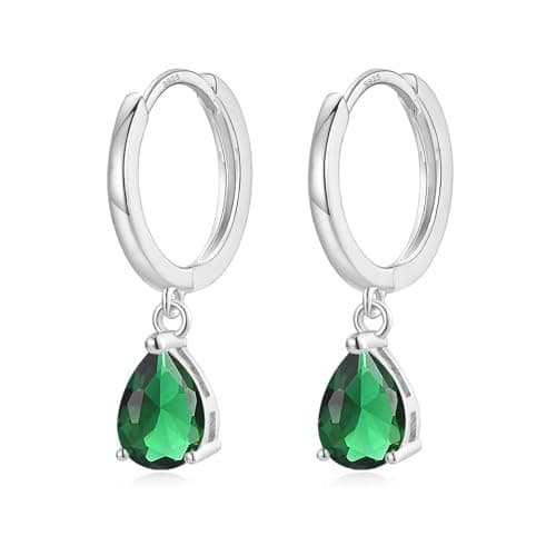Image of EPIRORA Sterling Silver Hoop Earrings for Women, Small Huggie Hoop Earrings with Teardrop Dangle Drop Hoops | Hypoallergenic Green Cubic Zirconia Cartilage Earring Jewellery Girls Gifts