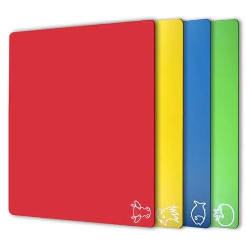 Image of Fotouzy Plastic Cutting Board Flexible Mats with Food Icons, Set of 4, Upgrade 100% Anti-Skid Back, BPA-Free, Non-Porous, Dishwasher Safe, Rainbow Colors
