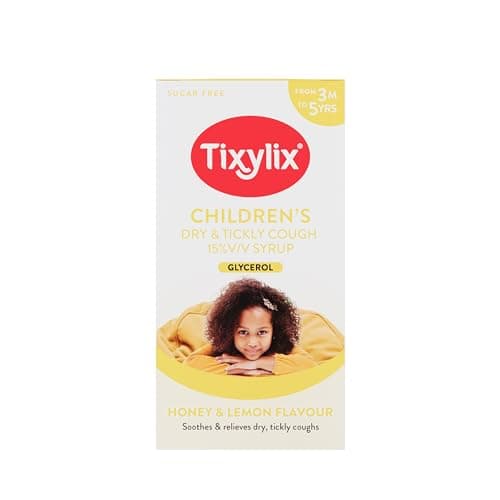 Image of Tixylix Children's Honey and Lemon Dry & Tickly Cough Syrup 100ml, Sugar and colour free, Suitable for vegetarians, Suitable from 3 months to 5 years
