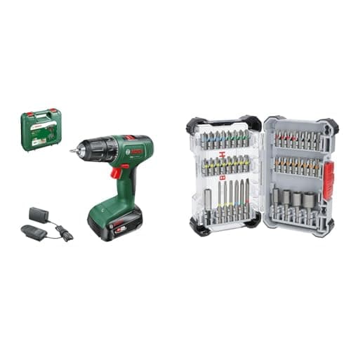 Image of Bosch Home and Garden Cordless Drill EasyDrill 18V-40 (1 Battery 2.0 Ah, 18 Volt System, in Carrying case) + 43x Extra Hard Screwdriver Bit Set (197 x 110.5 mm, Accessories)