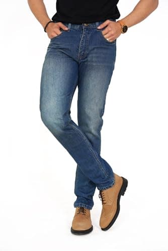 Image of Huxlay Bros Mens Motorcycle Jeans, Aramid Lined Motorbike Stretch Jeans with Knee & Hip Protectors, 30W x 30L Dark Blue