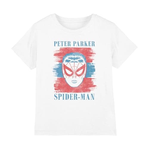 Image of Spiderman Boys Peter Parker Stripes Unisex Kids T-Shirt, White, 12-13 Years UK