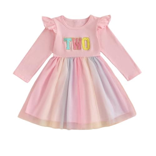 Image of Todder Girl Birthday Dress 1st/2nd/3rd Letter Embroidery Long Sleeve Princess Dress Tiered Layered Puffy A-Line Tulle Patchwork Tutu Skirt for Kids Girls Birthday Outfits (Pink TWO, 2-3 Years)