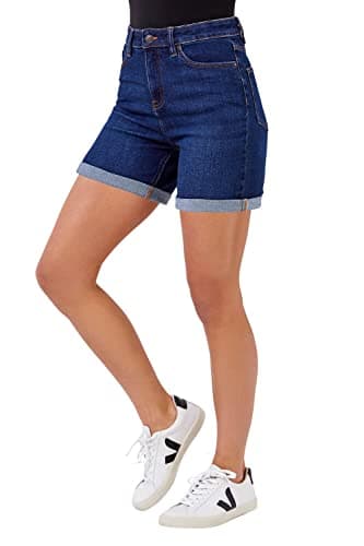 Image of Roman Denim Shorts with Pockets for Women UK Ladies Mom Jeans Boyfriend Boy High Waisted Turned Frayed Hem Stretchy Cotton Casual Slim Skinny Pants Mother Holiday - Deep Indigo - Size 14
