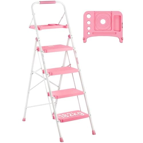 Image of BONTEC 4 Step Ladder with Wide Anti-Slip Pedals, Folding Step Stool Capacity 150KG, Sponge Handrail, Strong and Solid Portable Ladder Suitable for Home, Kitchen, Pantry, Indoor/Outdoor Use, Pink
