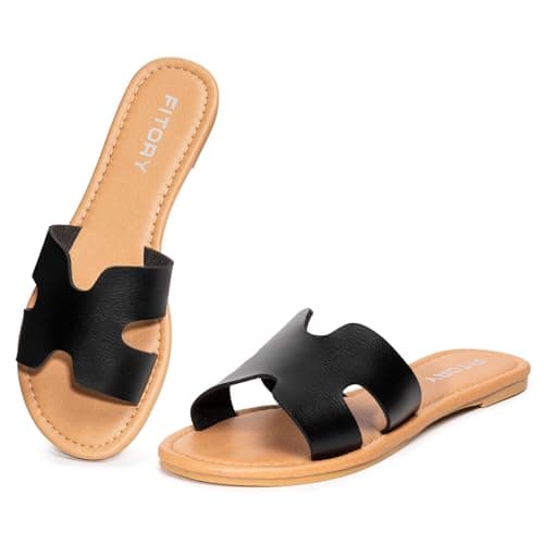 Image of FITORY Women's Fashion Sandals Summer Casual Dressy Slip On Comfortable Leather Flat Slides On Indoor/Outdoor Classic Black Size 6