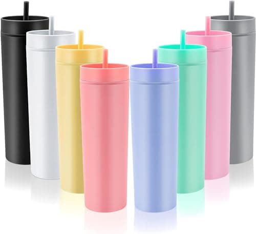 Image of MSYU 8 Pcs Skinny Tumblers 16oz Matte Pastel Colored Acrylic Tumblers Double Wall Plastic Tumblers with Lids and Straws Vinyl DIY Gifts Reusable Cup for Cold Hot Drinks Tumblers Bulk