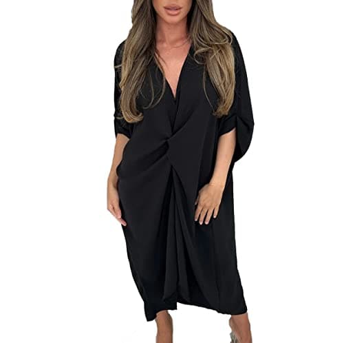 Image of Women’s Ladies V-Neck Knot Twist Short Sleeve Baggy Oversized Loose Fits Smock Midi Casual Longline Summer Dresses for Women Black 12-24