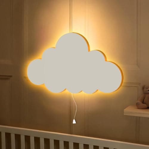 Image of Marco Paul Cloud Night Light for Nursery - White Wooden Wall Mounted Pull Cord Lamp - Battery Operated LED Lighting for Baby Rooms, Children’s Bedroom Decor and Newborn Night Use