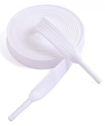 Image of VSUDO 47 Inches White Fine Weave Flat Shoe Lace for Sneaker, 5/16” Width Flat Sneaker Shoestring, Flat Sneaker Shoelace, Flat Shoe String for Running Athletic Shoes (1 Pair-White-120CM)