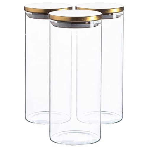 Image of Argon Tableware Scandi Storage Jars with Metallic Gold Lids - 1500ml - 3 Pack - Modern Round Organisation Container Glass Jar for Kitchens, Pantry, Bathrooms, Utility Rooms