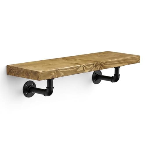 Image of MKGT Handcrafted Rustic Wooden Floating Shelf with Industrial Pipe Brackets – 22cm Deep Solid Pine Wall Shelf, 45mm Thick, Made in the UK, Includes Fixings (Dark Oak, 60cm)