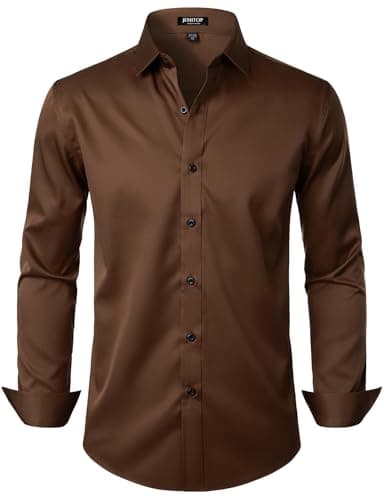 Image of JEMITOP Men's Stretch Wrinkle Free Dress Shirts Formal Wedding Prom Long Sleeve Button Down Shirt, Brown, Large