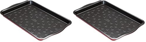 Image of Prestige New Disney Bake with Mickey Mouse Oven Tray Non Stick - Large Baking Tray 10" x 15", Carbon Steel Bakeware, Red & Black (Pack of 2)