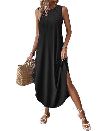 Image of Zeagoo Women's Summer Dress Sleeveless Casual Long Dresses Elegant Crew Neck Dress Beach Holiday Sundress with Split and Pockets Black XL