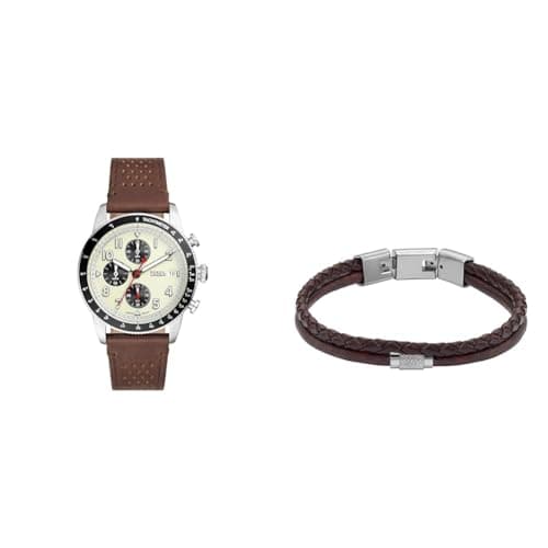 Image of FOSSIL Men's Watch Sport Tourer and Bracelet Jewelry, Brown Leather, Set