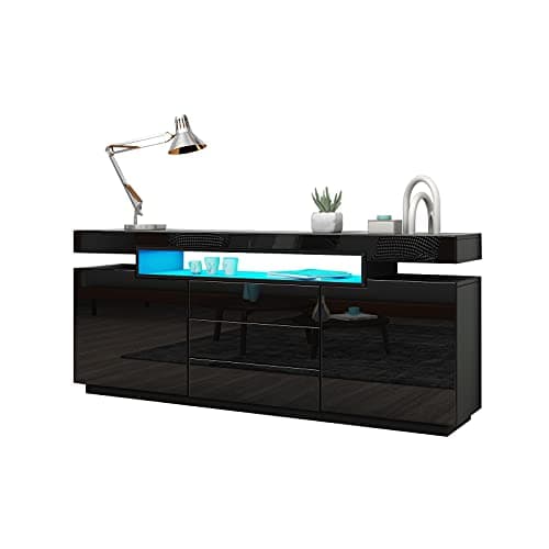 Image of AWOOOD Black Sideboard Cabinet Cupboard Matt Body & High Gloss TV Stand Unit LED Light with 2 Doors 3 Drawers 160cm for Living Room Dining Room