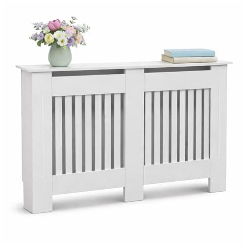 Image of Oypla Large White Wooden Slatted Grill Radiator Cover MDF Cabinet