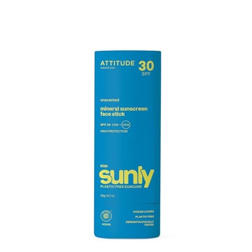 Image of ATTITUDE Mineral Face Sunscreen Stick for Kids, SPF 30, EWG Verified, Plastic-Free, Broad Spectrum UVA/UVB Protection with Zinc Oxide, Dermatologically Tested, Vegan, Unscented, 20 g