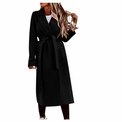 Image of TURWXGSO Women's Winter Coats Casual Loose Belted Trench Jackets Notch Lapel Midi Long Woolen Coat Smart Overcoat Elegant Long Sleeve formal Outerwear Winter Mac Ladies Cardigan UK
